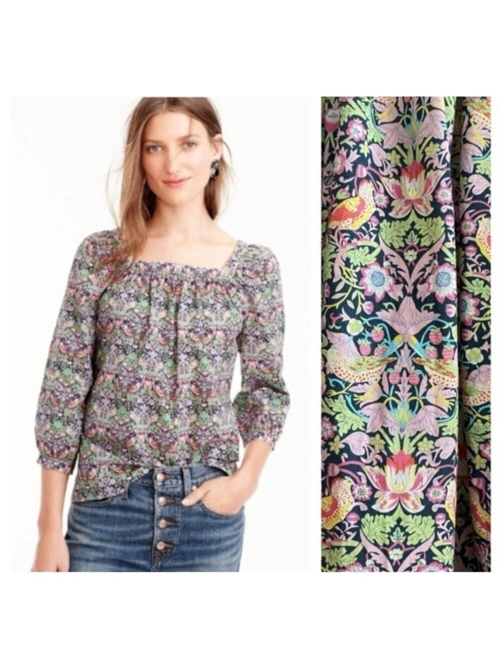 J. Crew x Liberty Fabric Strawberry Thief Peasant Square Neck Blouse